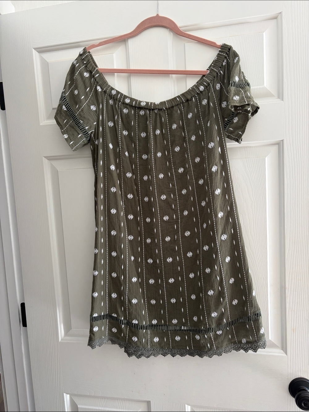 Topshop Olive Green Off-Shoulder Mini Dress with White Motif